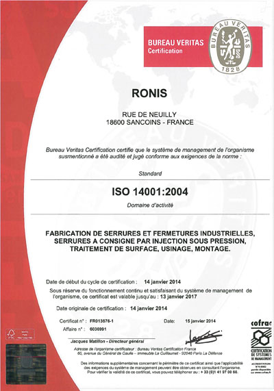 Certification iso 14001 pour RONIS