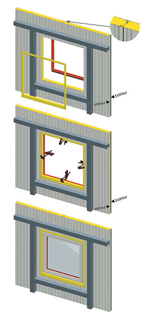 Gain de temps à la pose, résultat très esthétique (avec un précadre de couleur personnalisée en affleurement aux parois du panneau) et une bonne qualité d’ouvrage sont les propriétés avérées du précadre acier. © DEYA