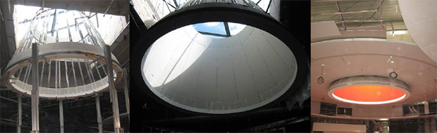 Création d'un cône en plaques de plâtre cintrées de 5,50 m de diamètre. Centre commercial de Val Semnoz (74) - © Revolta-Blaudeau