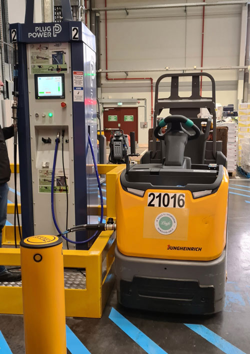 Forklift connected to a charging station © Lhyfe