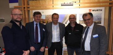 Signing of the FCB - Würth France partnership, from left to right: Thibault Mandallaz, National Wood Construction Referent Prescriber - Würth France, Christophe Mathieu, Managing Director of FCBA, Claude Kopff, Chairman of the Management Board Würth France, Mathieu Kleinclaus, Marketing Manager Würth France, Frédéric Staat, Director of the Wood and Construction Industries division - FCBA © FCBA / Würth France