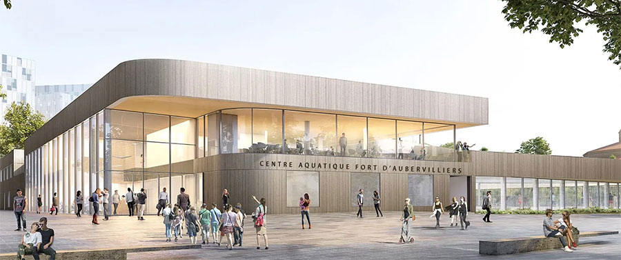 Visual of the entrance to the Fort d'Aubervilliers aquatic center project - © Chabanne Architectes
