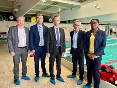 Stéphane TROUSSEL, President of the Department of Seine-Saint-Denis, Jacques WITKOWSKI, Prefect of Seine-Saint-Denis, Zaïnaba SAÏD-ANZUM, Departmental Councilor for Sport, and Stéphane BLANCHET, Mayor of Sevran at the launch of the Sevran © Seine-Saint-Denis