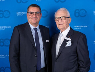 Yves Padrines, CEO of Nemetschek Group with Professor Georg Nemetschek at the 60th anniversary ceremony © Nemetschek Group