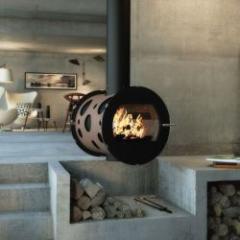 Cylindrical wood stove unique on the market for an original view of the fire on one or two glazed sides