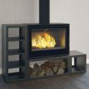 Wood stove or insert with different finishes: wooden bench, round base, log, waxed concrete effect
