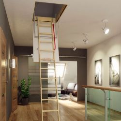 Retractable staircase with foldable wooden ladder