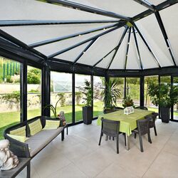 Heat-resistant awning for conservatory with tubular roof